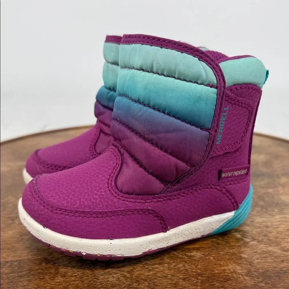 Merrell Boots Kids Toddler 6 Bare Steps Puffer Purple Blue Winter Snow
